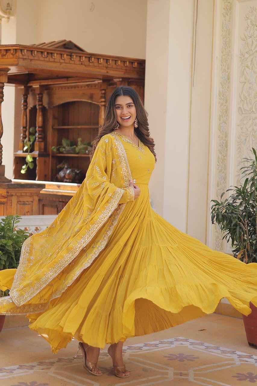 Wedding & Festive Ready Faux Georgette With Rich Sequins And Embroidered Work Gown & Dupatta Set