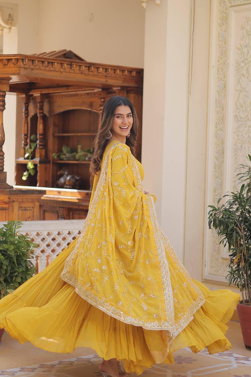 Wedding & Festive Ready Faux Georgette With Rich Sequins And Embroidered Work Gown & Dupatta Set