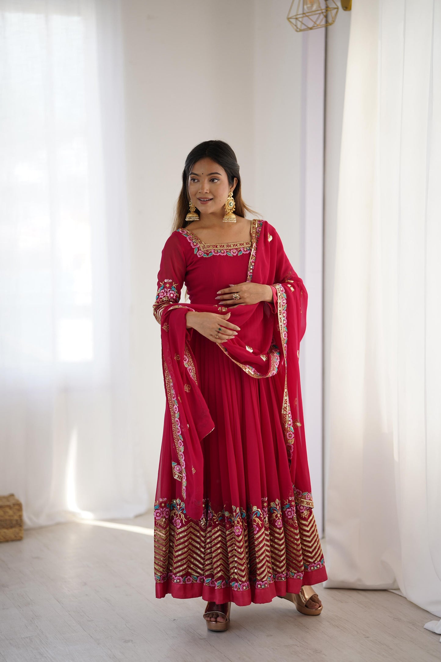 Elegant Heavy Georgette Embroidered Sequence Designer Anarkali Three Piece Set
