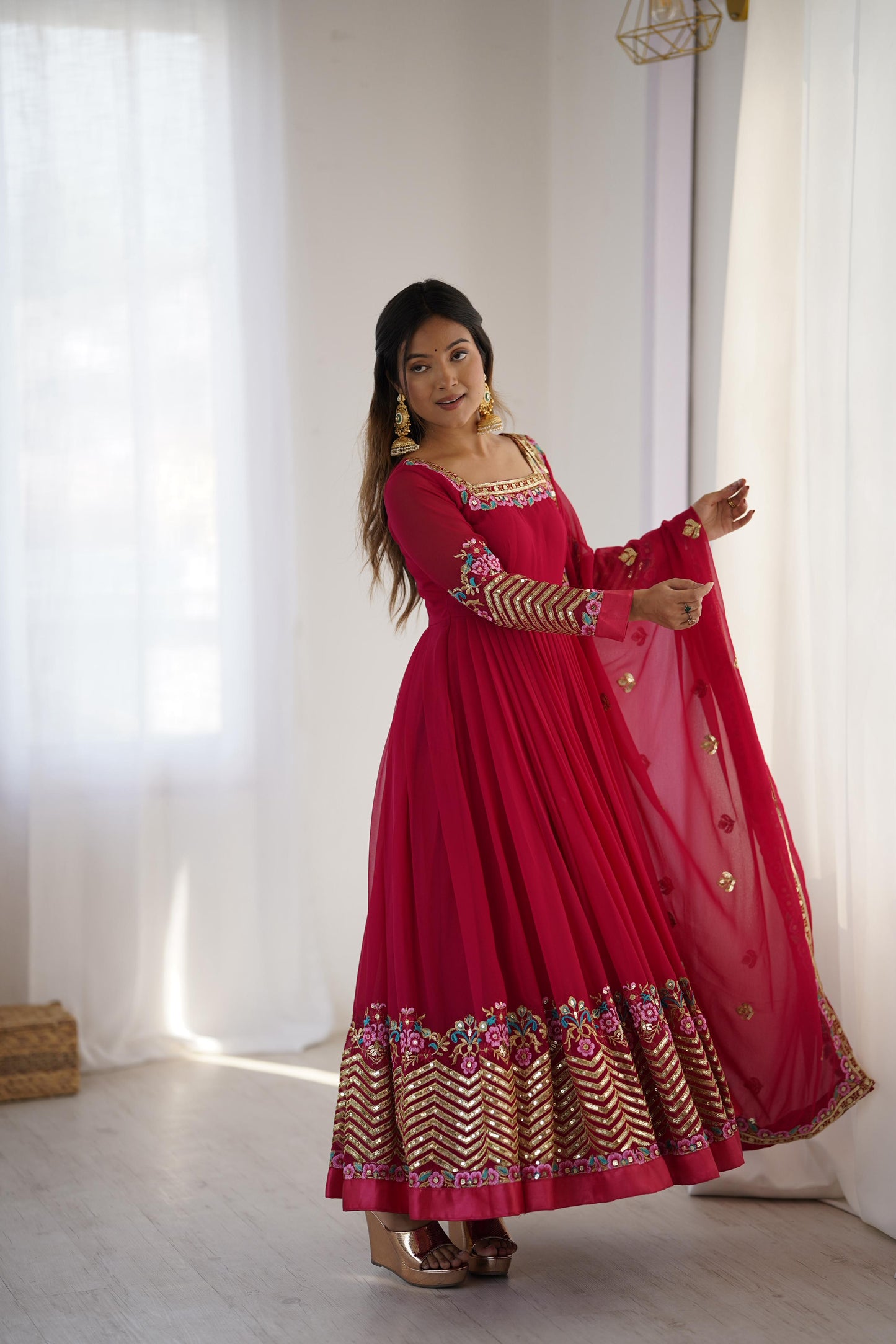 Elegant Heavy Georgette Embroidered Sequence Designer Anarkali Three Piece Set