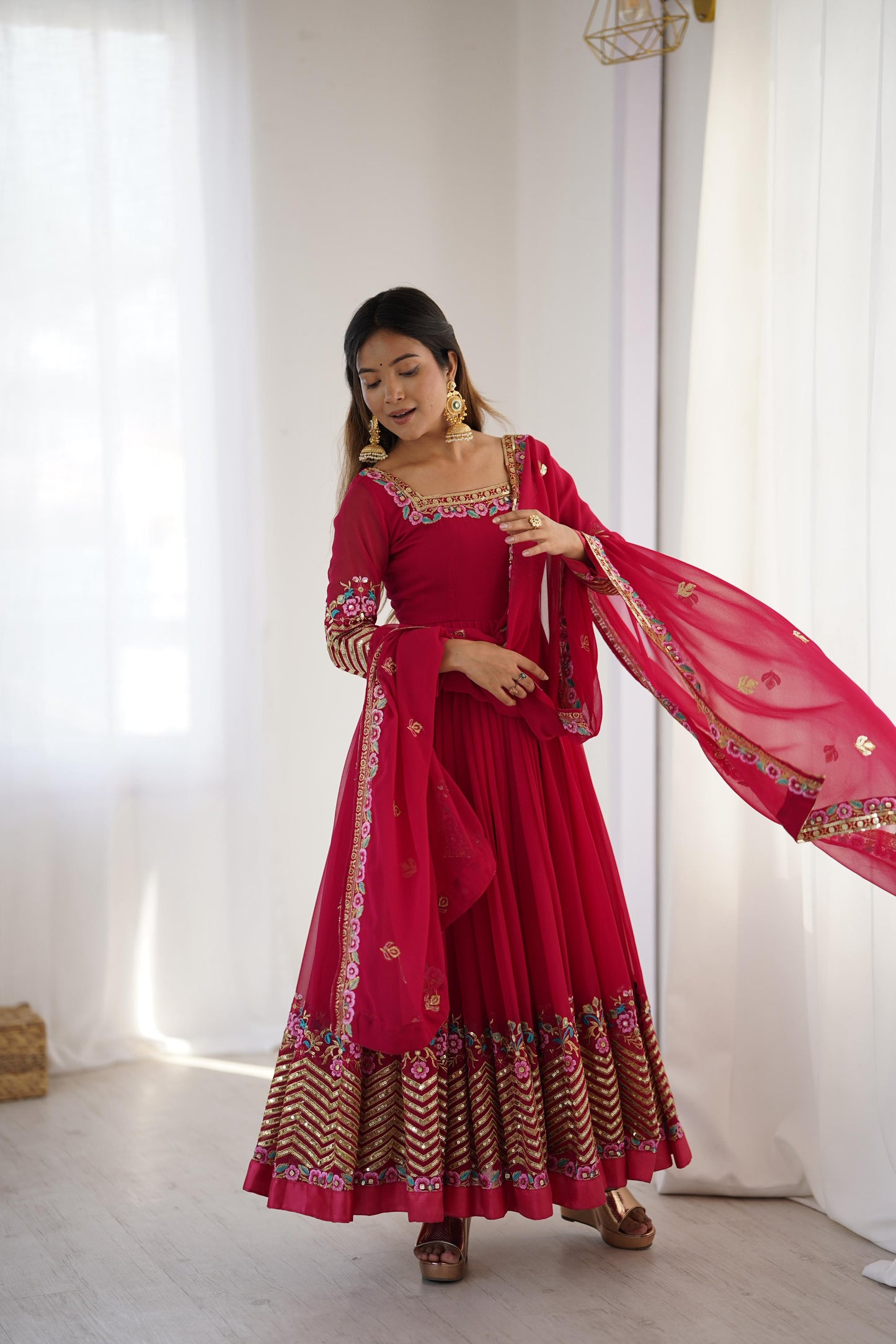 Elegant Heavy Georgette Embroidered Sequence Designer Anarkali Three Piece Set