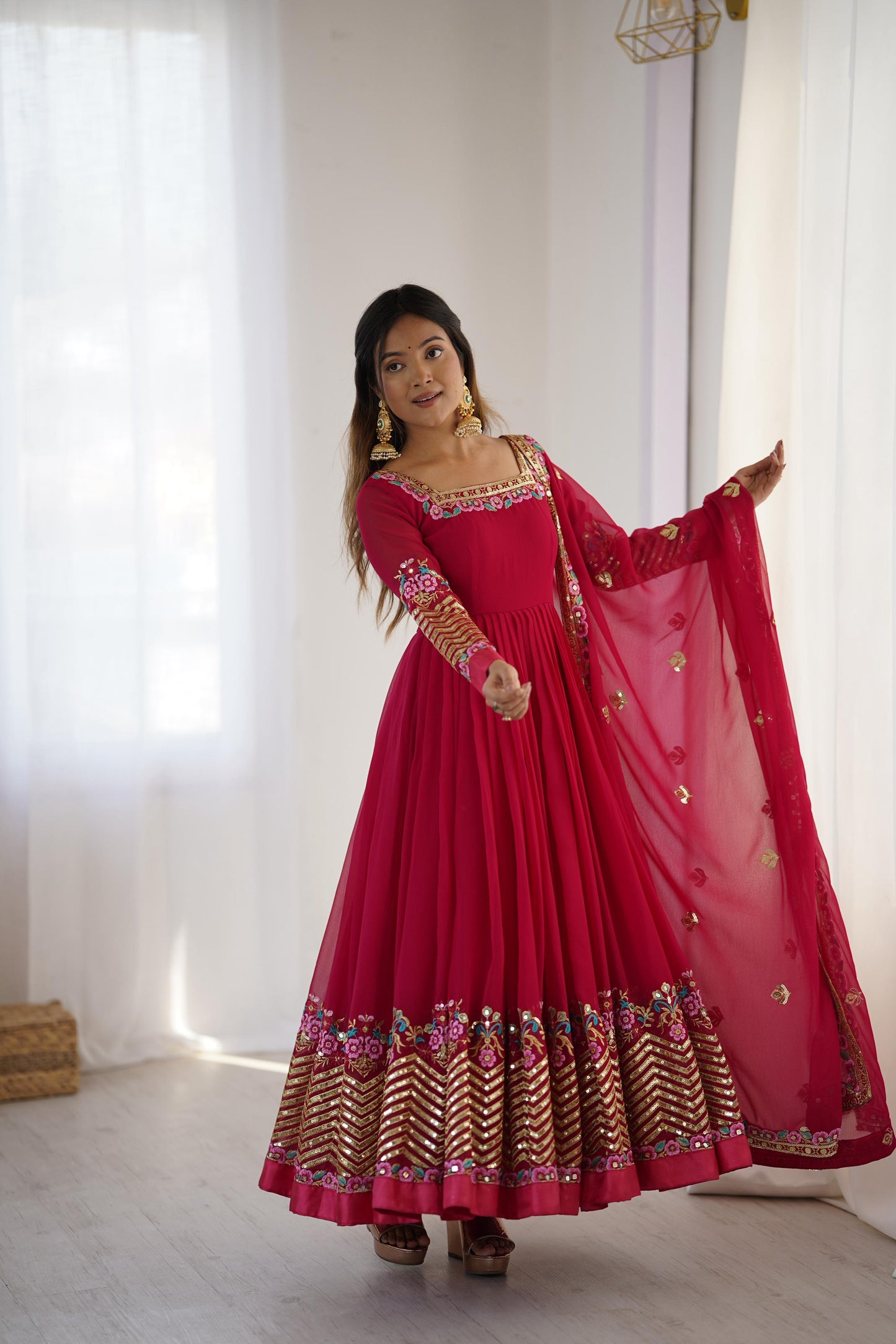 Elegant Heavy Georgette Embroidered Sequence Designer Anarkali Three Piece Set