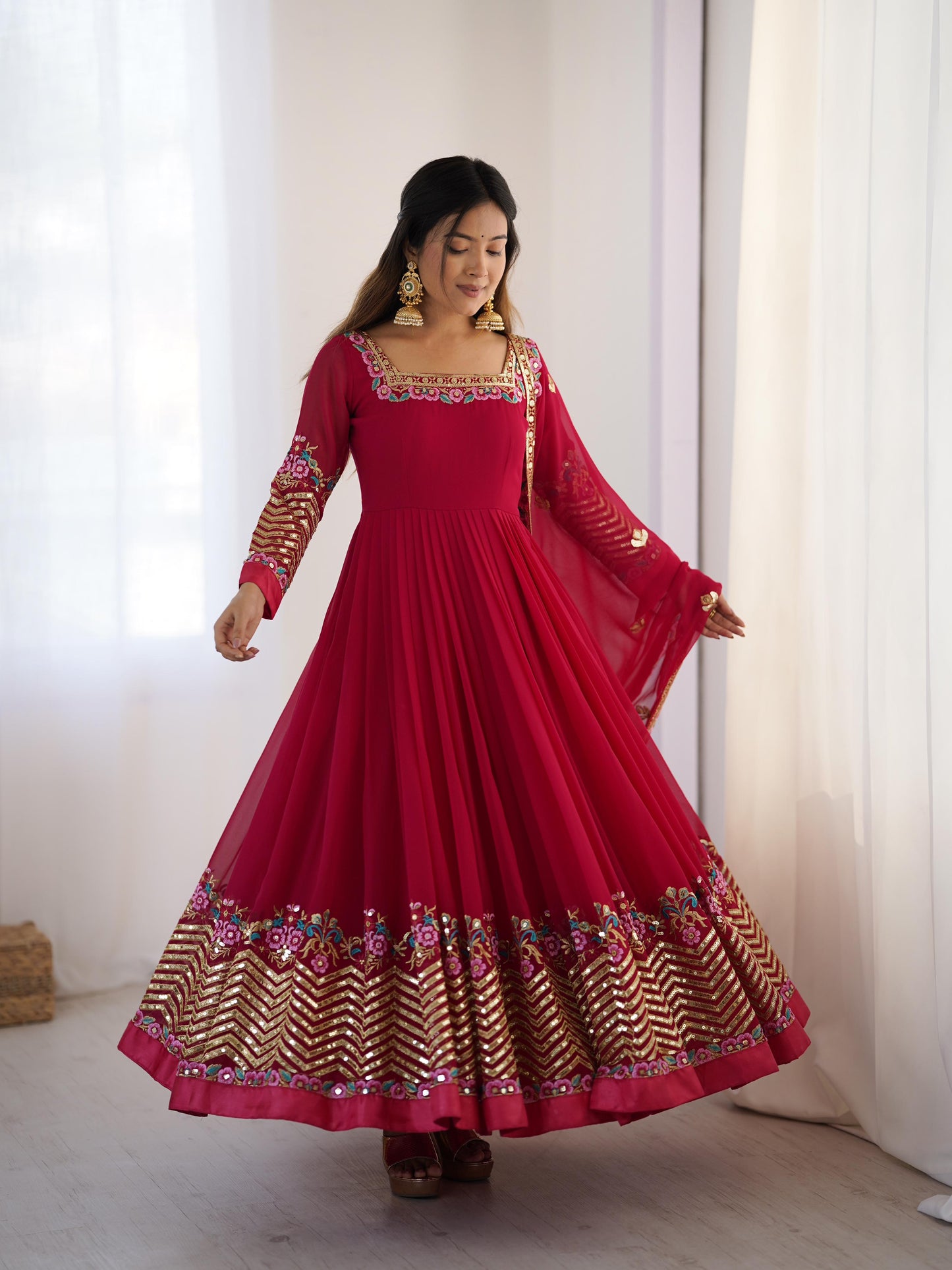 Elegant Heavy Georgette Embroidered Sequence Designer Anarkali Three Piece Set