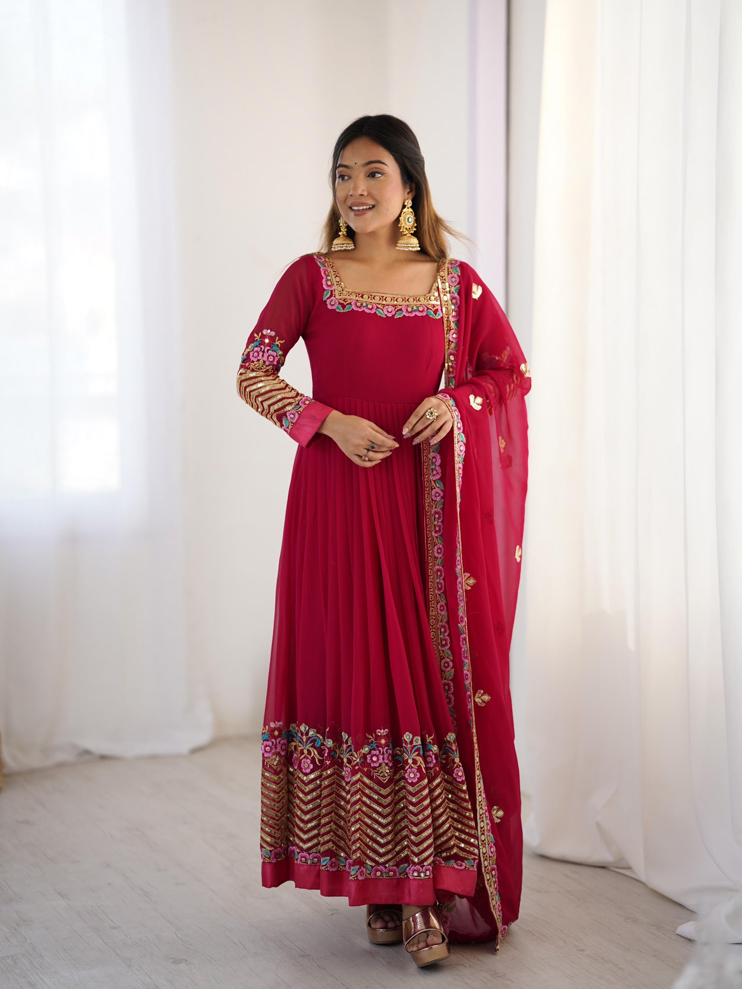 Elegant Heavy Georgette Embroidered Sequence Designer Anarkali Three Piece Set
