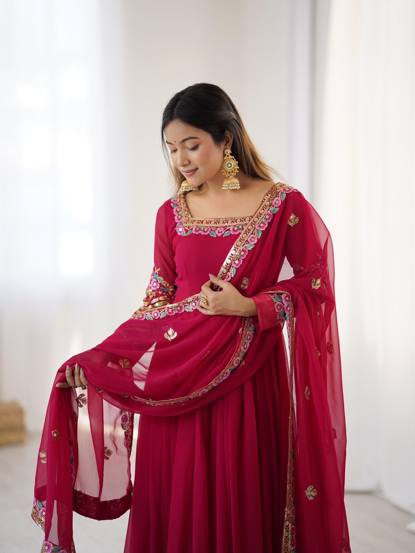 Elegant Heavy Georgette Embroidered Sequence Designer Anarkali Three Piece Set