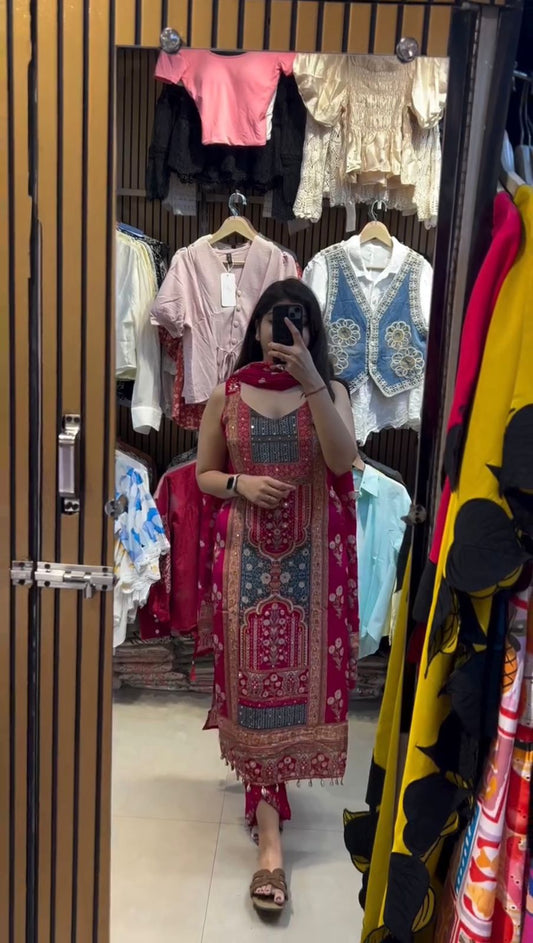 New Designer Print Heavy Natural Silk Hand Work Salwar Suit