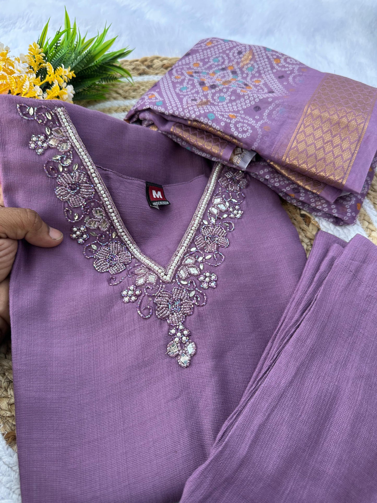 Lavender Designer Premium Roman Silk Hand Work Kurti Pant With Dupatta