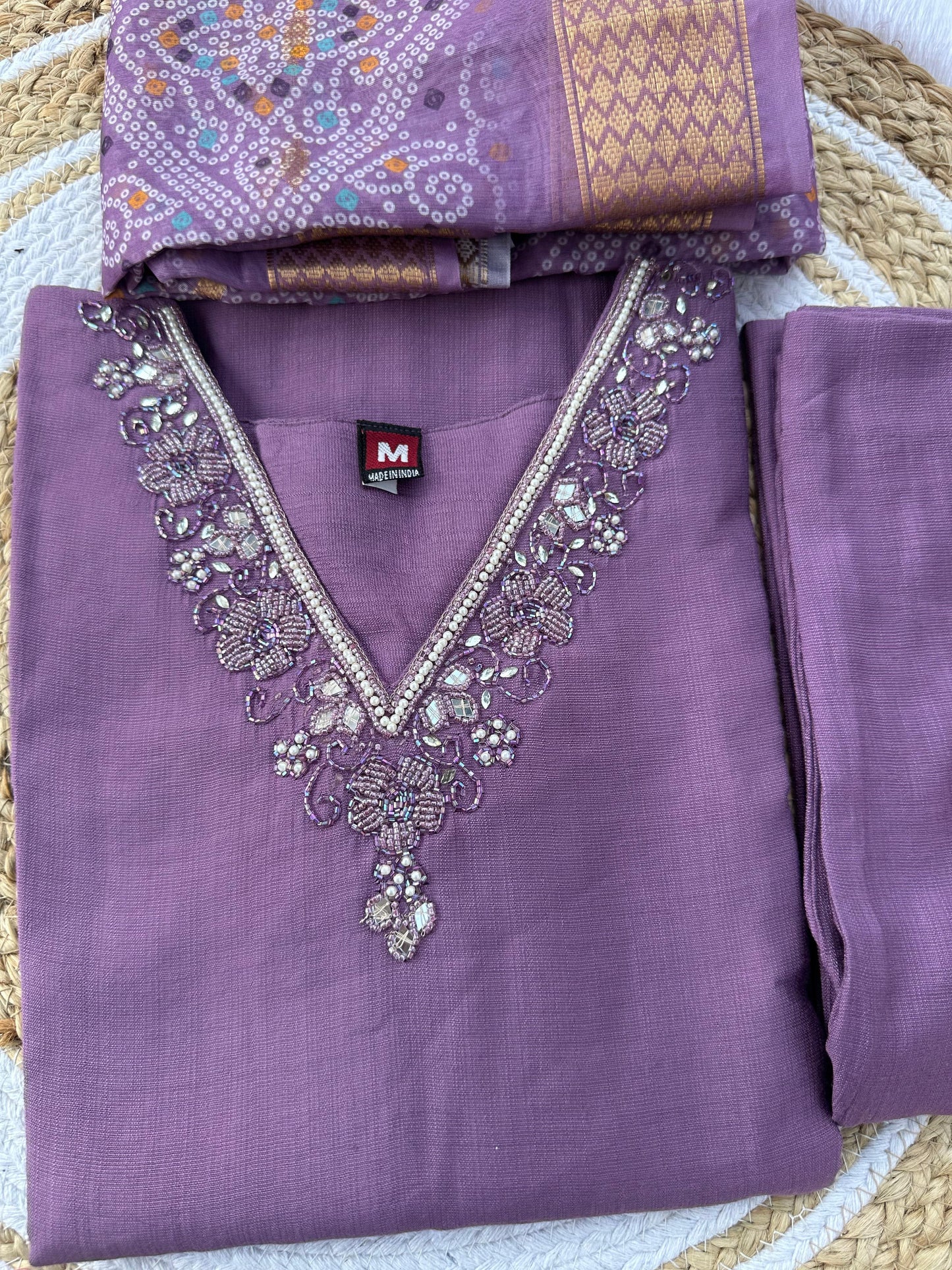 Lavender Designer Premium Roman Silk Hand Work Kurti Pant With Dupatta