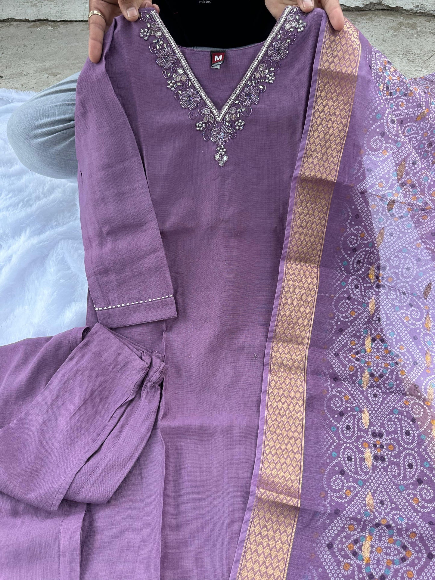 Lavender Designer Premium Roman Silk Hand Work Kurti Pant With Dupatta