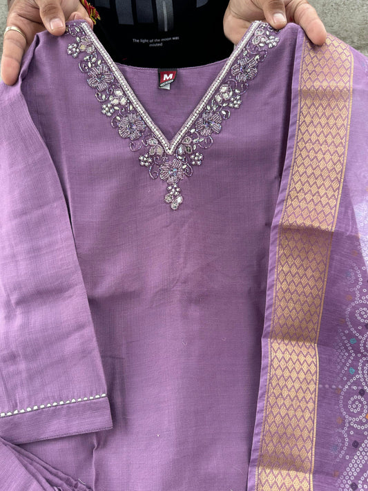 Lavender Designer Premium Roman Silk Hand Work Kurti Pant With Dupatta