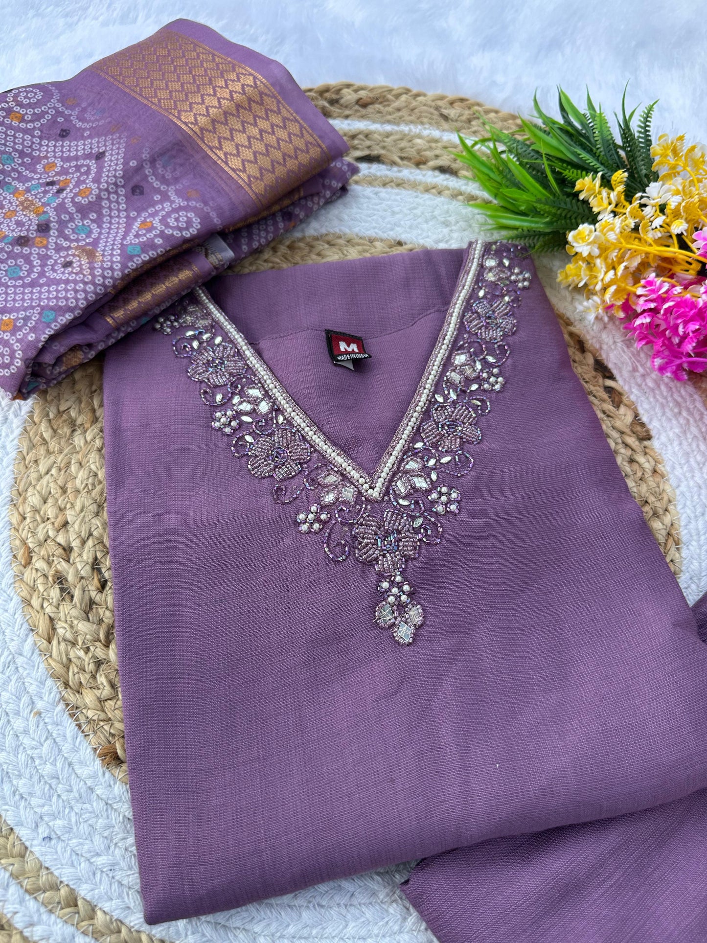 Lavender Designer Premium Roman Silk Hand Work Kurti Pant With Dupatta
