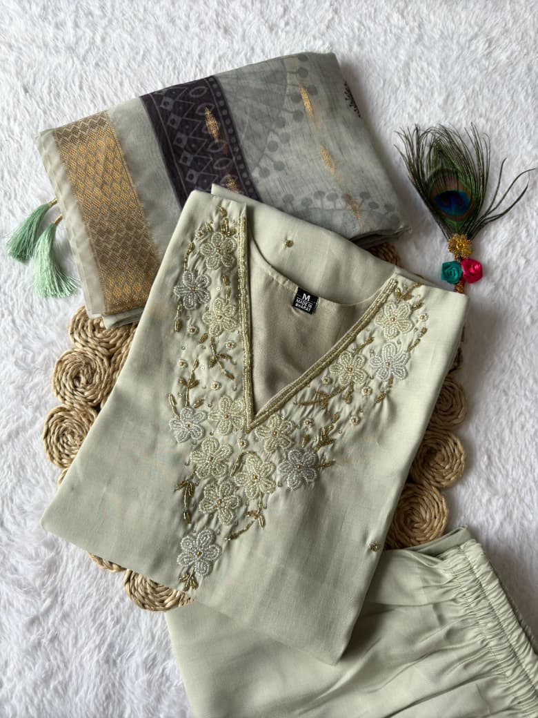 Light Pista Designer Premium Roman Silk Hand Work Kurti Pant With Dupatta