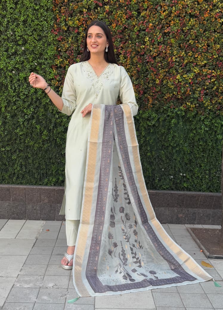 Light Pista Designer Premium Roman Silk Hand Work Kurti Pant With Dupatta