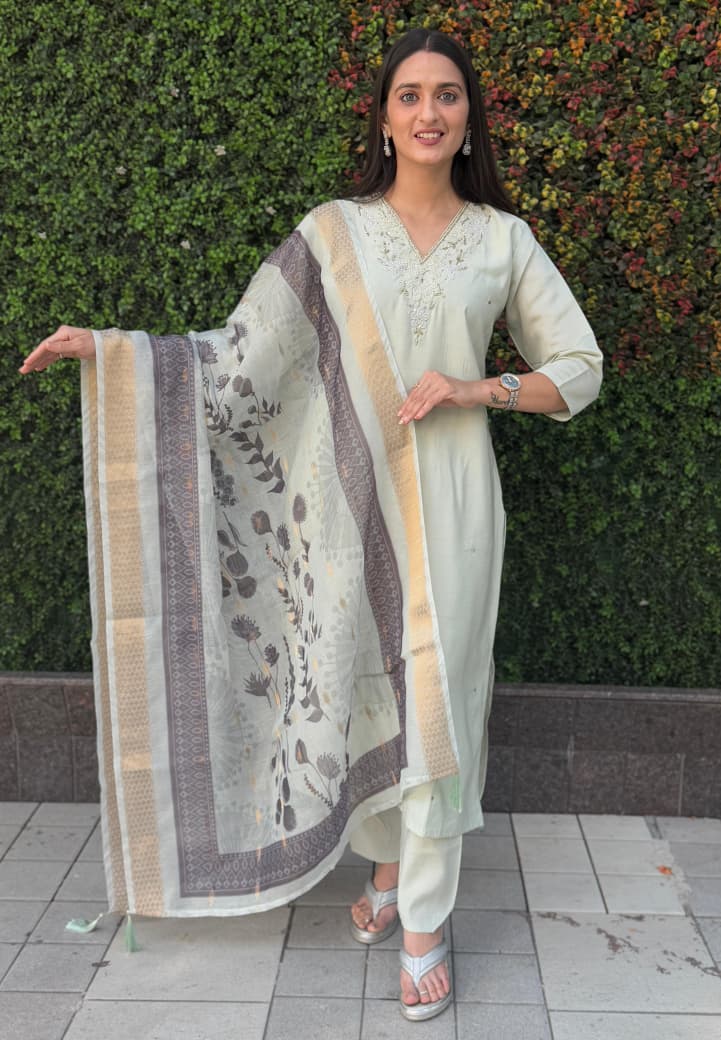 Light Pista Designer Premium Roman Silk Hand Work Kurti Pant With Dupatta