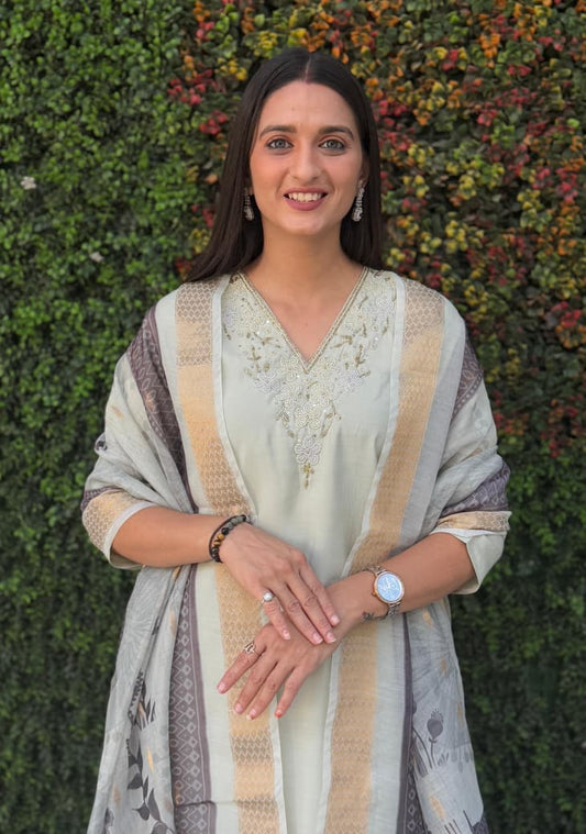 Light Pista Designer Premium Roman Silk Hand Work Kurti Pant With Dupatta