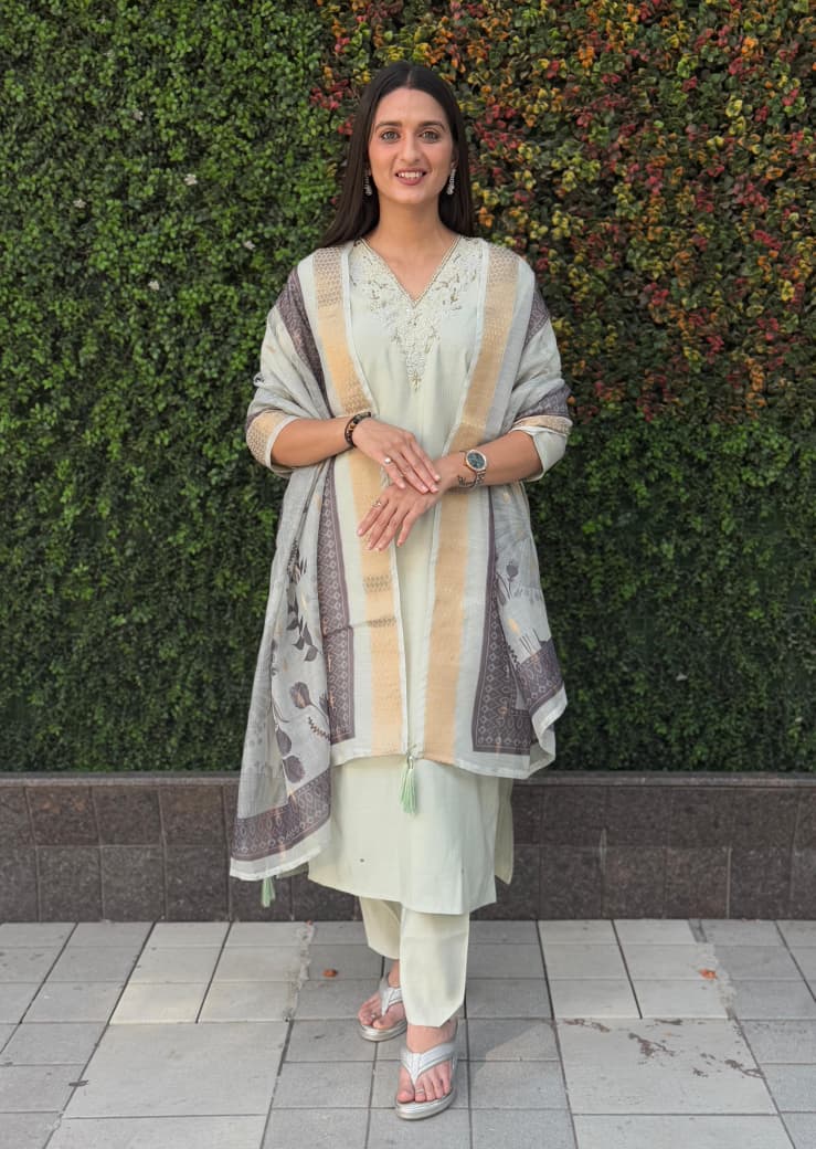Light Pista Designer Premium Roman Silk Hand Work Kurti Pant With Dupatta