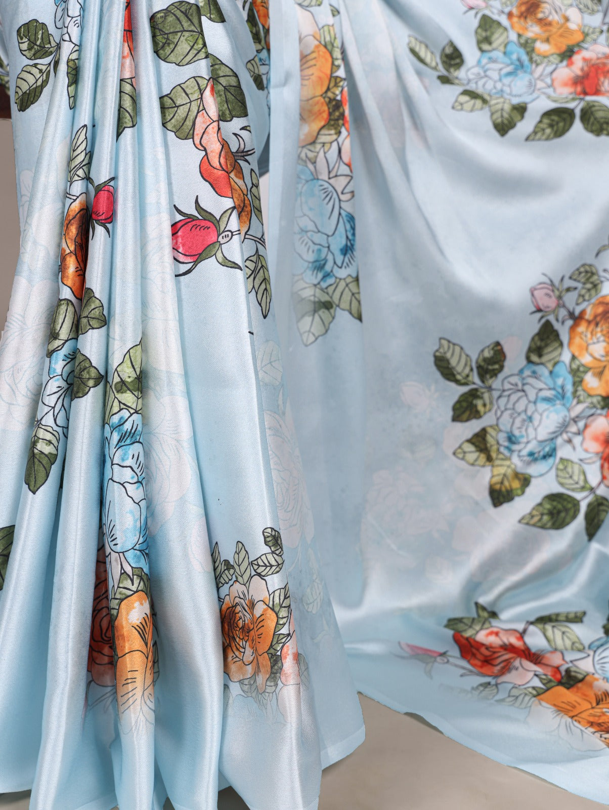 Pure Satin Silk Floral Print All Over Saree With Fresh Colours