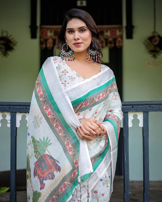 Pure Linen Saree With Royal Artistic Elephants & Floral Design Print