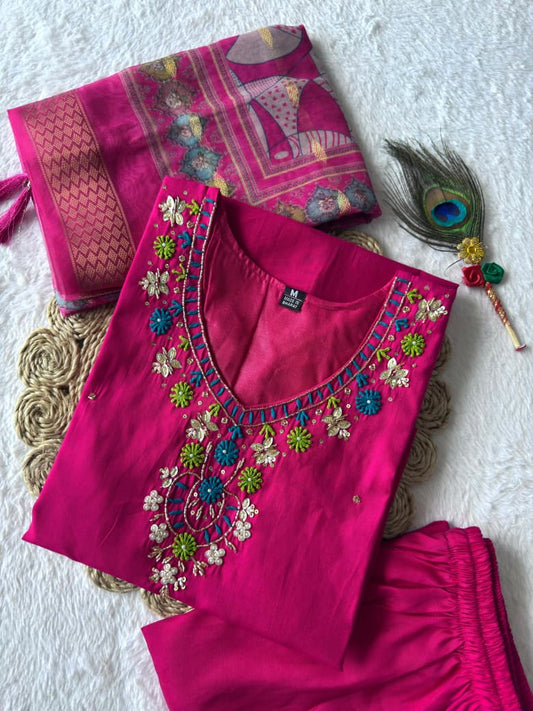 Pink Designer Premium Roman Silk Hand Work Kurti Pant With Dupatta Set
