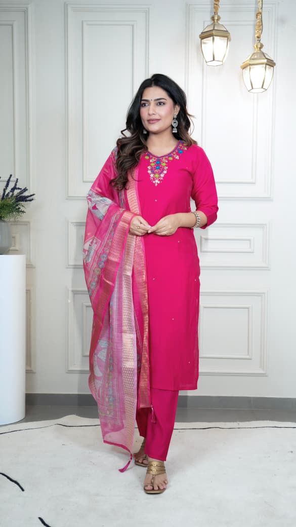 Pink Designer Premium Roman Silk Hand Work Kurti Pant With Dupatta Set