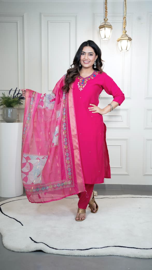 Pink Designer Premium Roman Silk Hand Work Kurti Pant With Dupatta Set