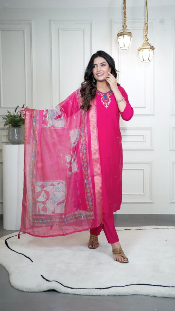Pink Designer Premium Roman Silk Hand Work Kurti Pant With Dupatta Set
