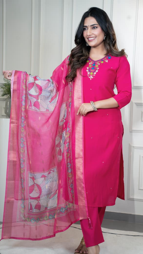 Pink Designer Premium Roman Silk Hand Work Kurti Pant With Dupatta Set