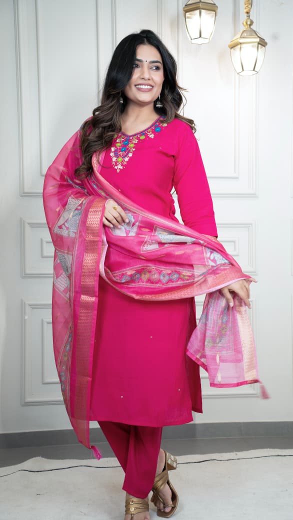 Pink Designer Premium Roman Silk Hand Work Kurti Pant With Dupatta Set