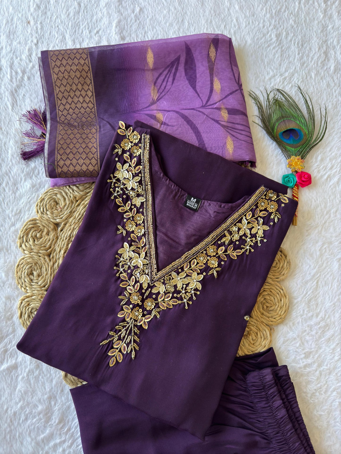Designer Roman Silk Embroidery & Sequence Work Dark Purple Kurti Pant With Dupatta Set