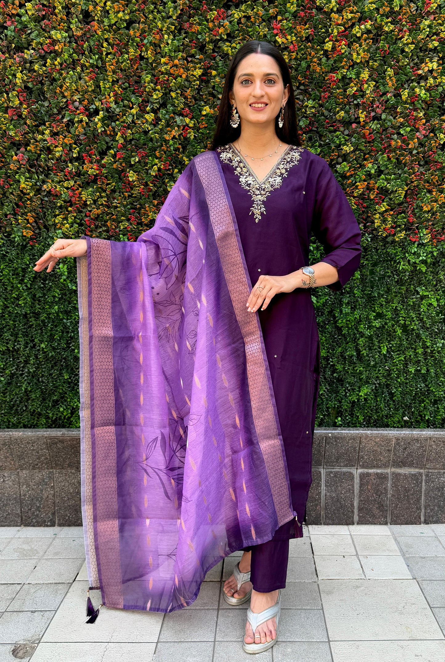 Designer Roman Silk Embroidery & Sequence Work Dark Purple Kurti Pant With Dupatta Set