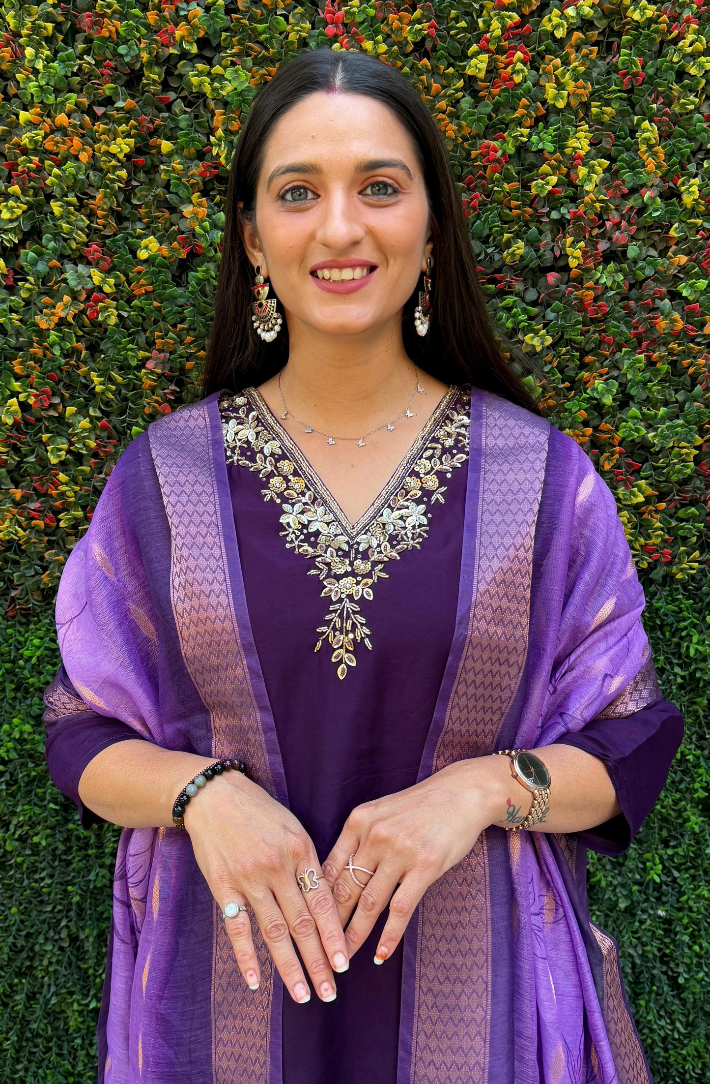 Designer Roman Silk Embroidery & Sequence Work Dark Purple Kurti Pant With Dupatta Set