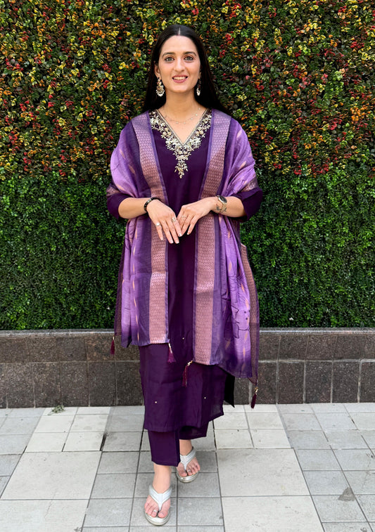 Designer Roman Silk Embroidery & Sequence Work Dark Purple Kurti Pant With Dupatta Set
