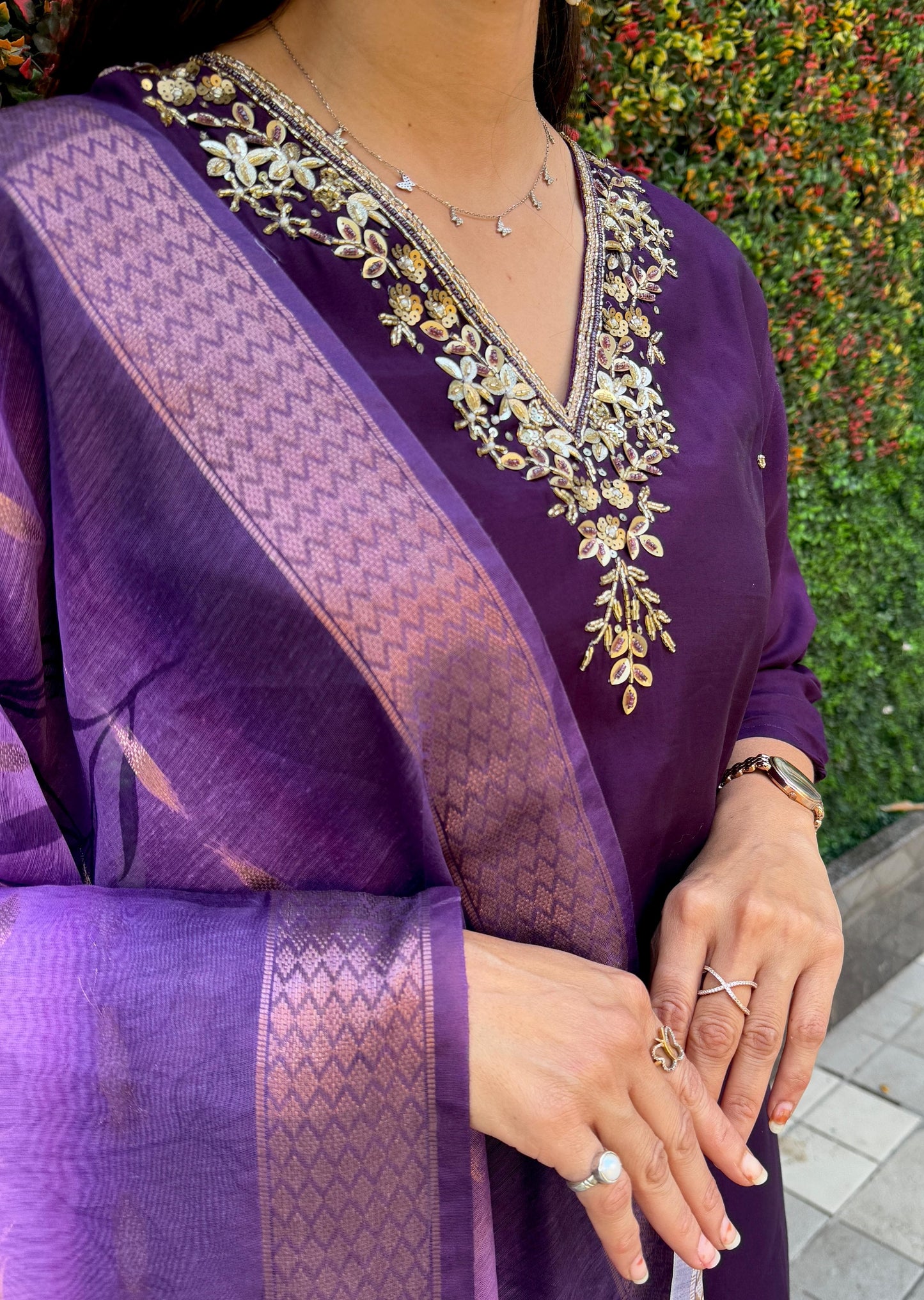 Designer Roman Silk Embroidery & Sequence Work Dark Purple Kurti Pant With Dupatta Set