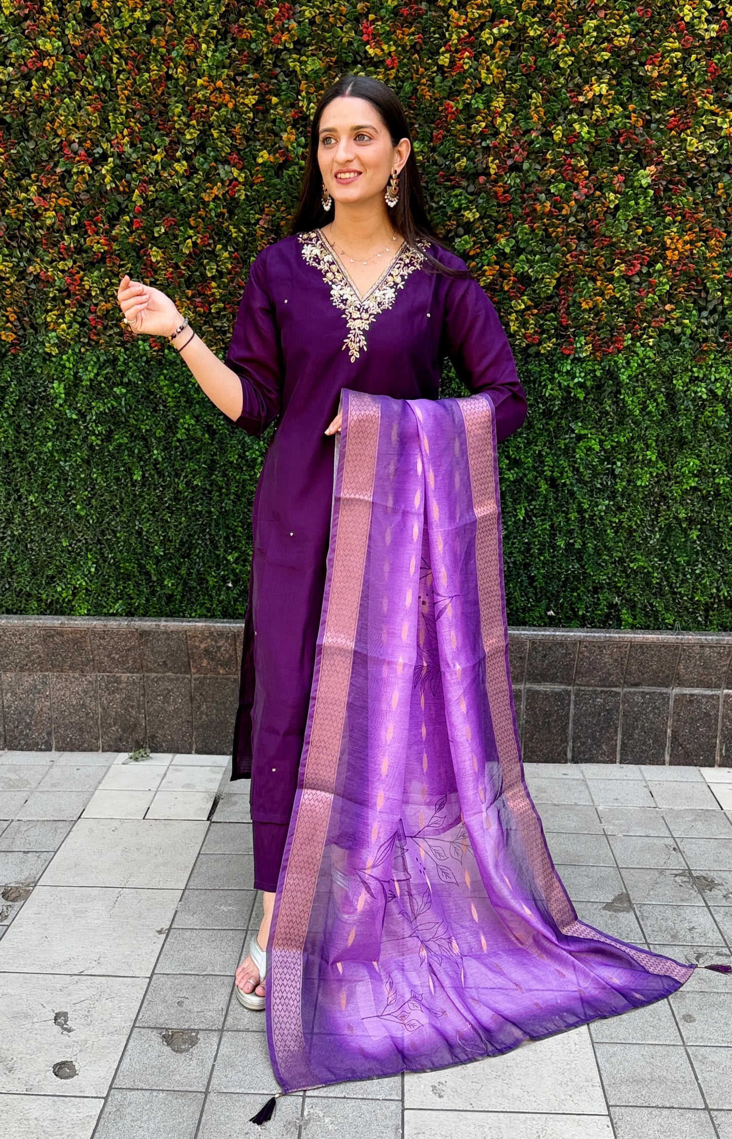 Designer Roman Silk Embroidery & Sequence Work Dark Purple Kurti Pant With Dupatta Set