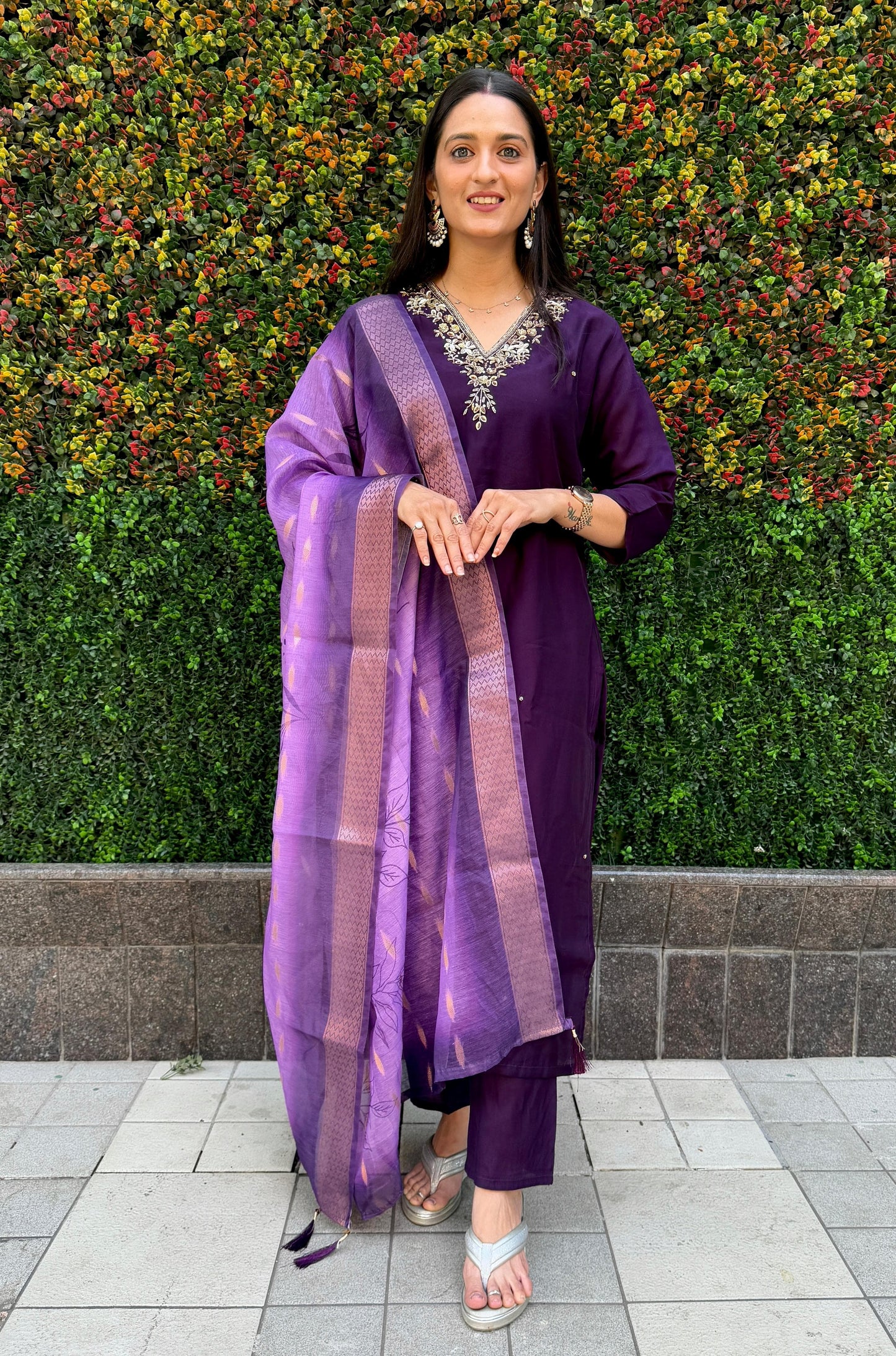 Designer Roman Silk Embroidery & Sequence Work Dark Purple Kurti Pant With Dupatta Set