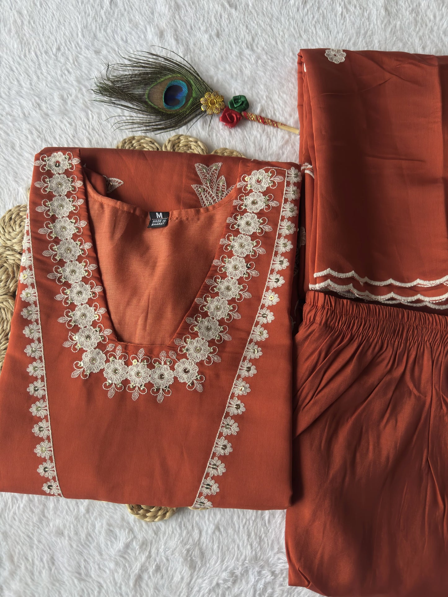 New Designer Roman Silk Embroidery & Sequence Work Kurti Pant With Dupatta Set