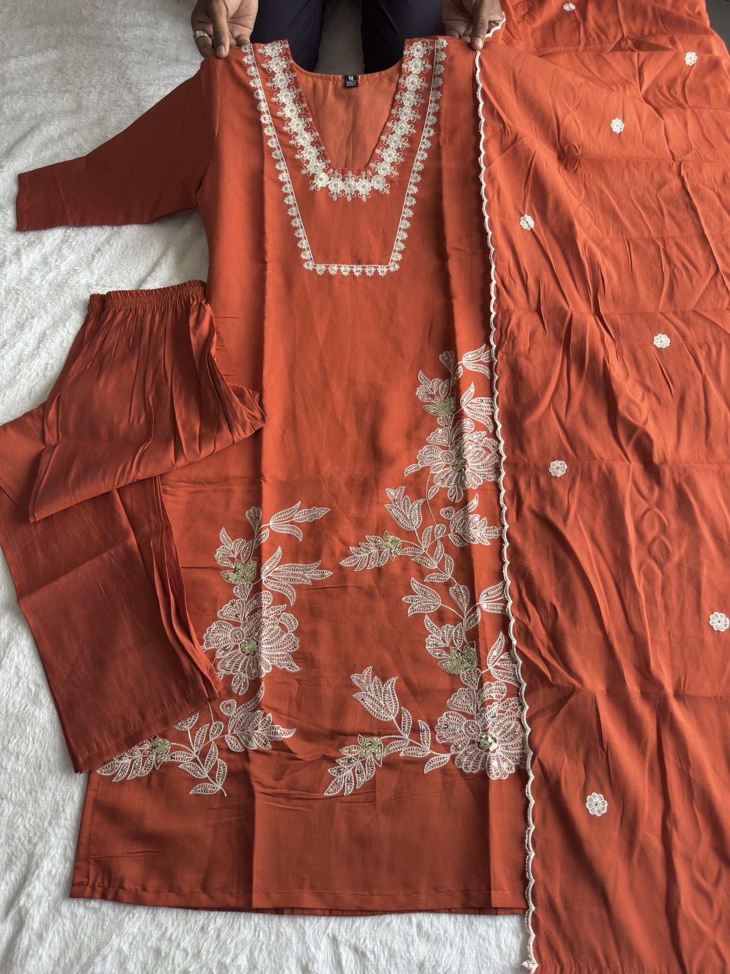 New Designer Roman Silk Embroidery & Sequence Work Kurti Pant With Dupatta Set