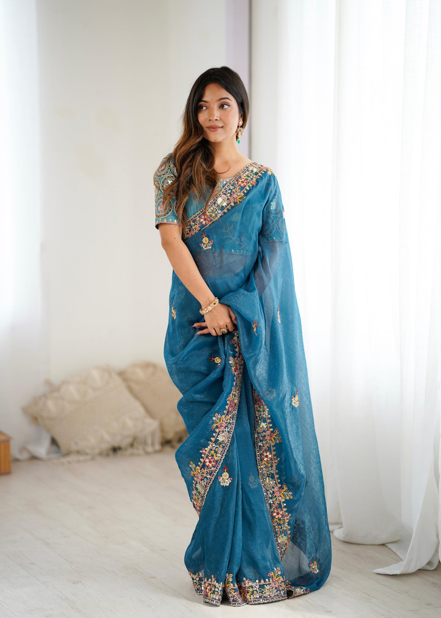 Premium Soft Crunchy Silk Saree With Embroidery Threads , Coding & Sequins Work