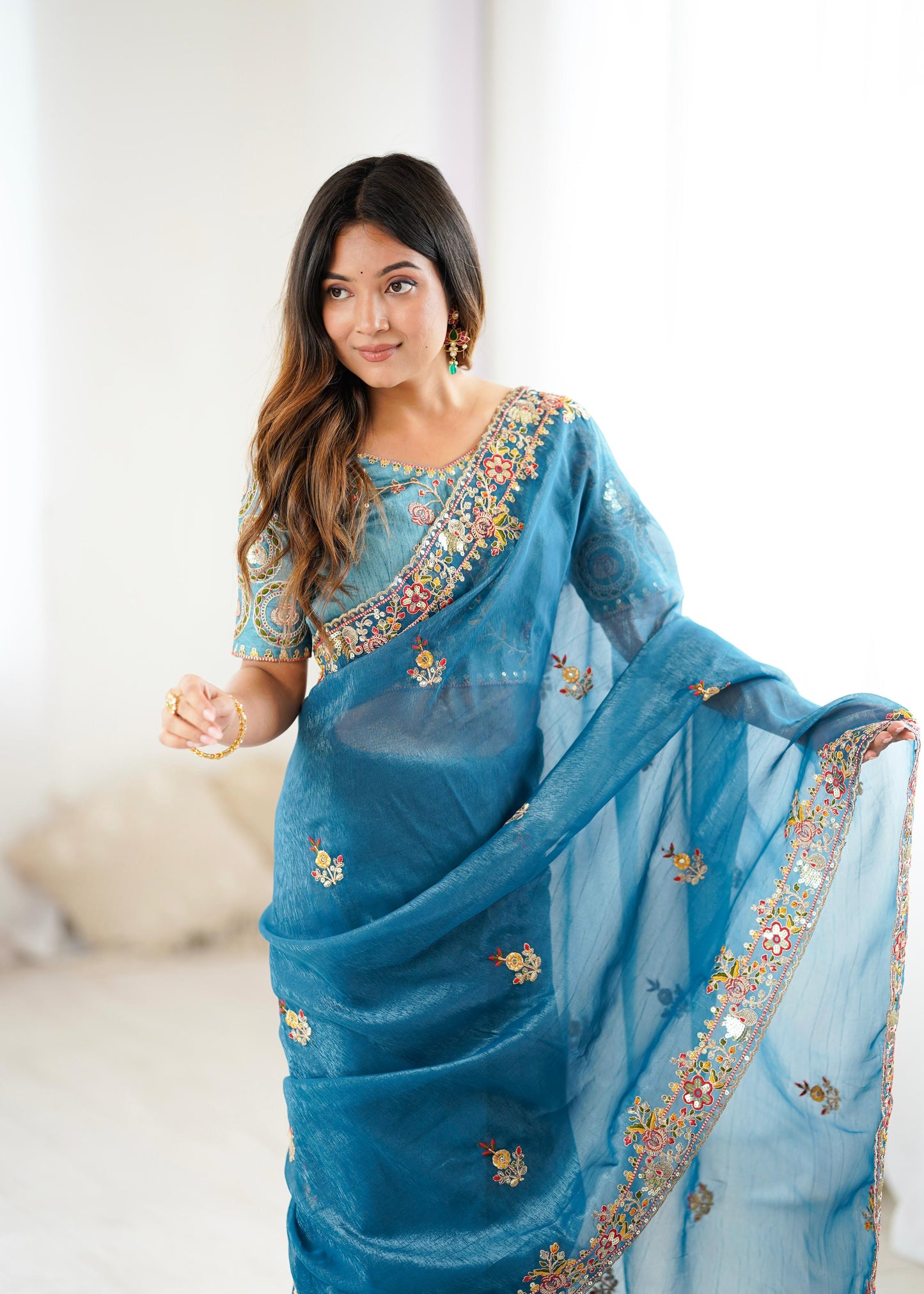 Premium Soft Crunchy Silk Saree With Embroidery Threads , Coding & Sequins Work