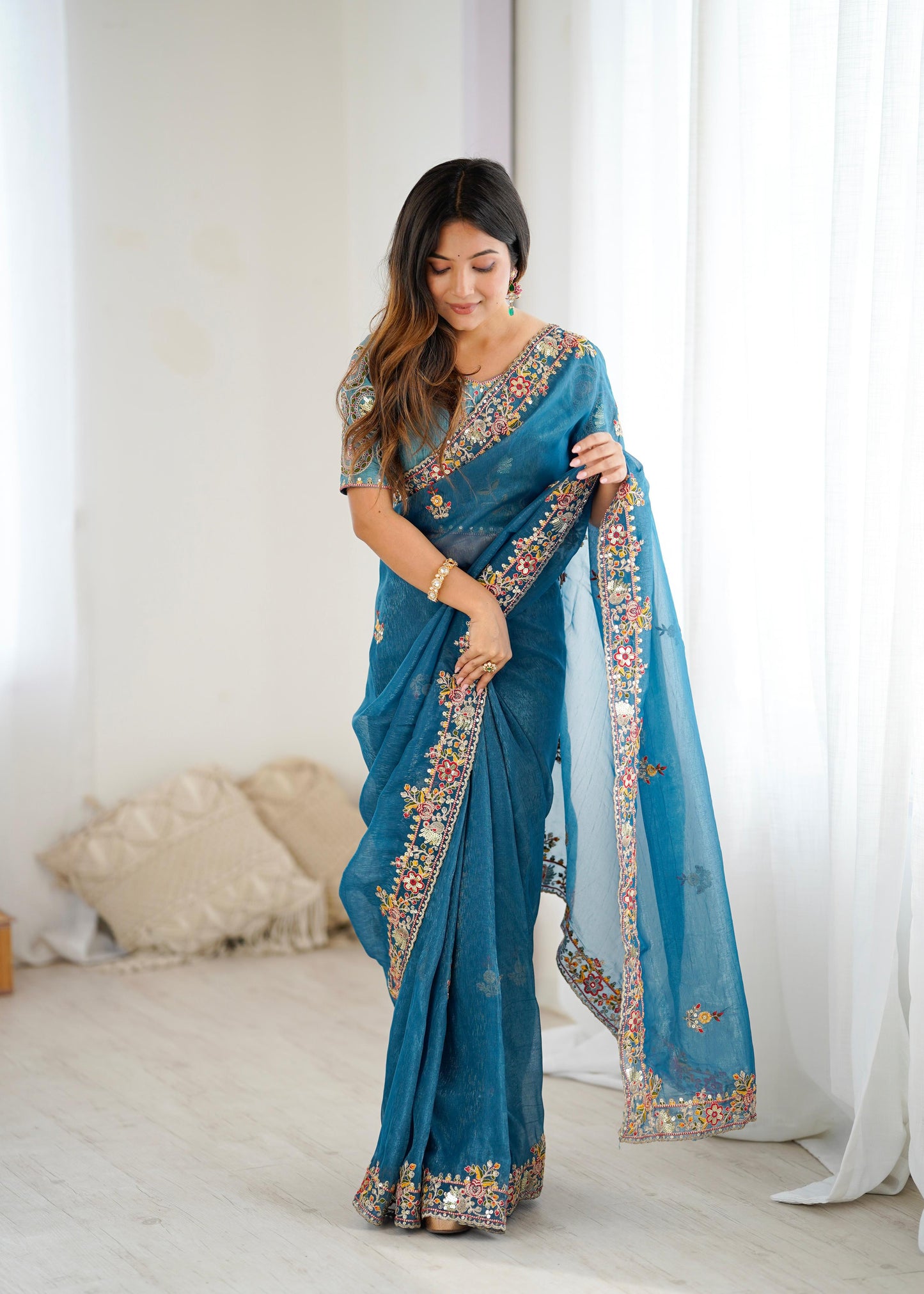 Premium Soft Crunchy Silk Saree With Embroidery Threads , Coding & Sequins Work