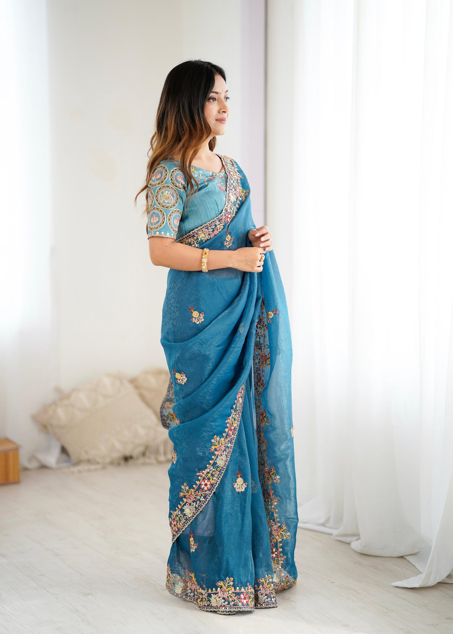 Premium Soft Crunchy Silk Saree With Embroidery Threads , Coding & Sequins Work