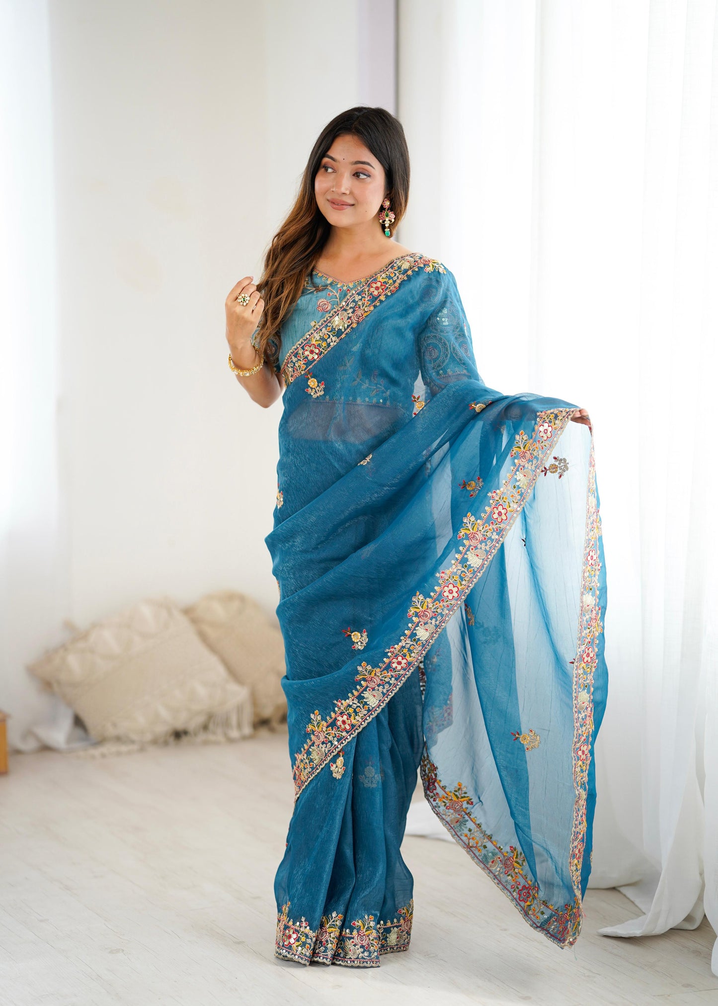 Premium Soft Crunchy Silk Saree With Embroidery Threads , Coding & Sequins Work