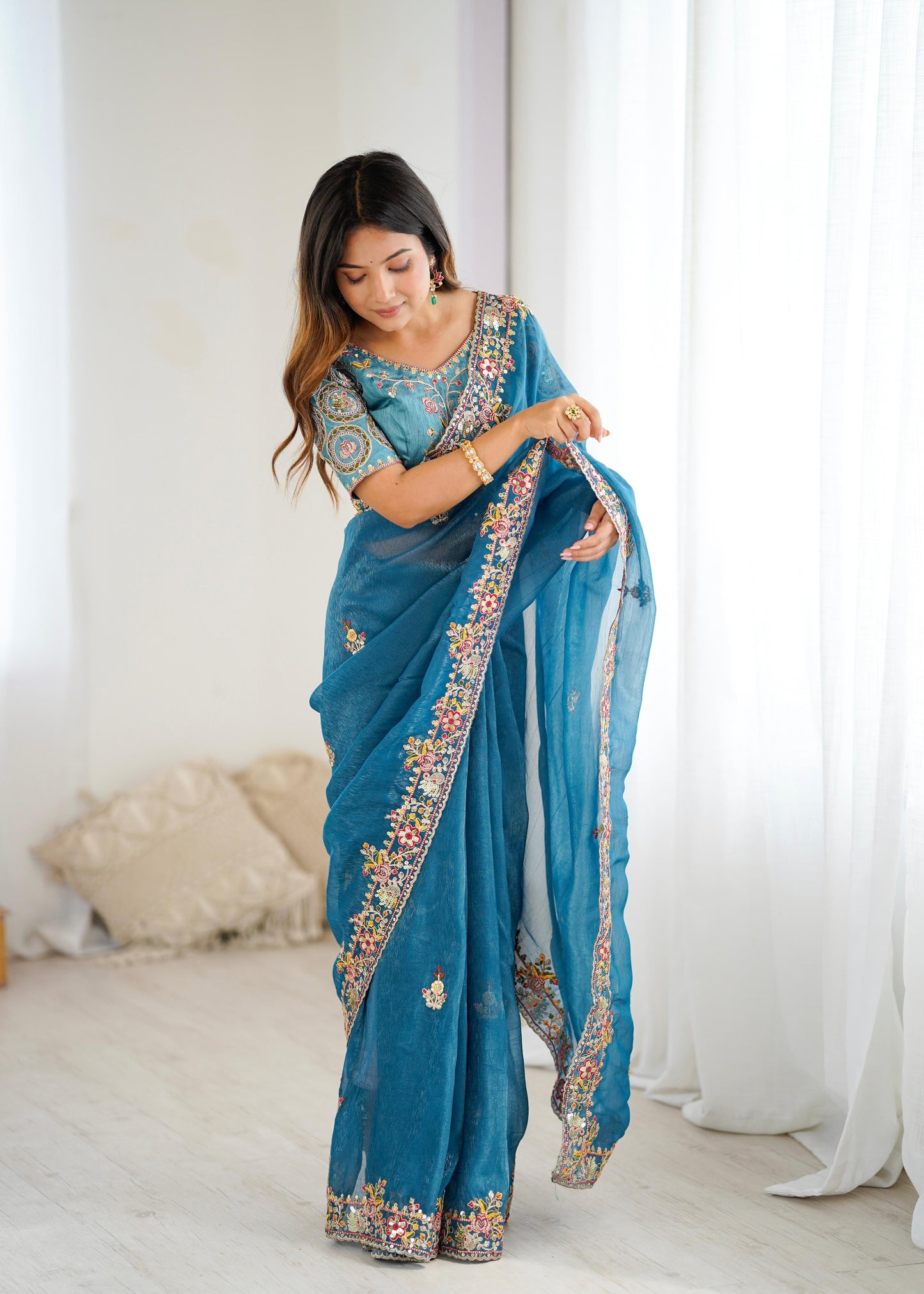 Premium Soft Crunchy Silk Saree With Embroidery Threads , Coding & Sequins Work