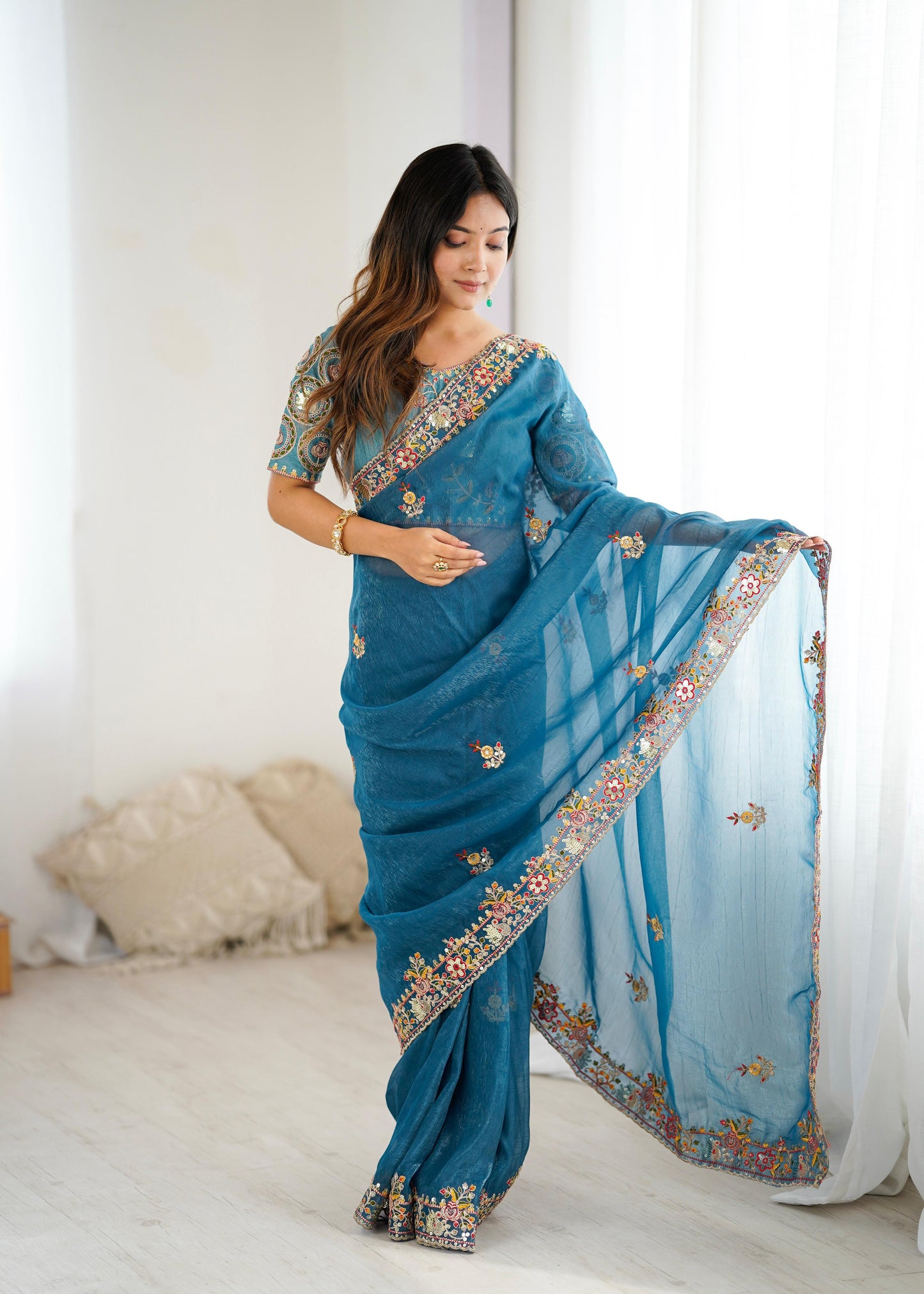 Premium Soft Crunchy Silk Saree With Embroidery Threads , Coding & Sequins Work
