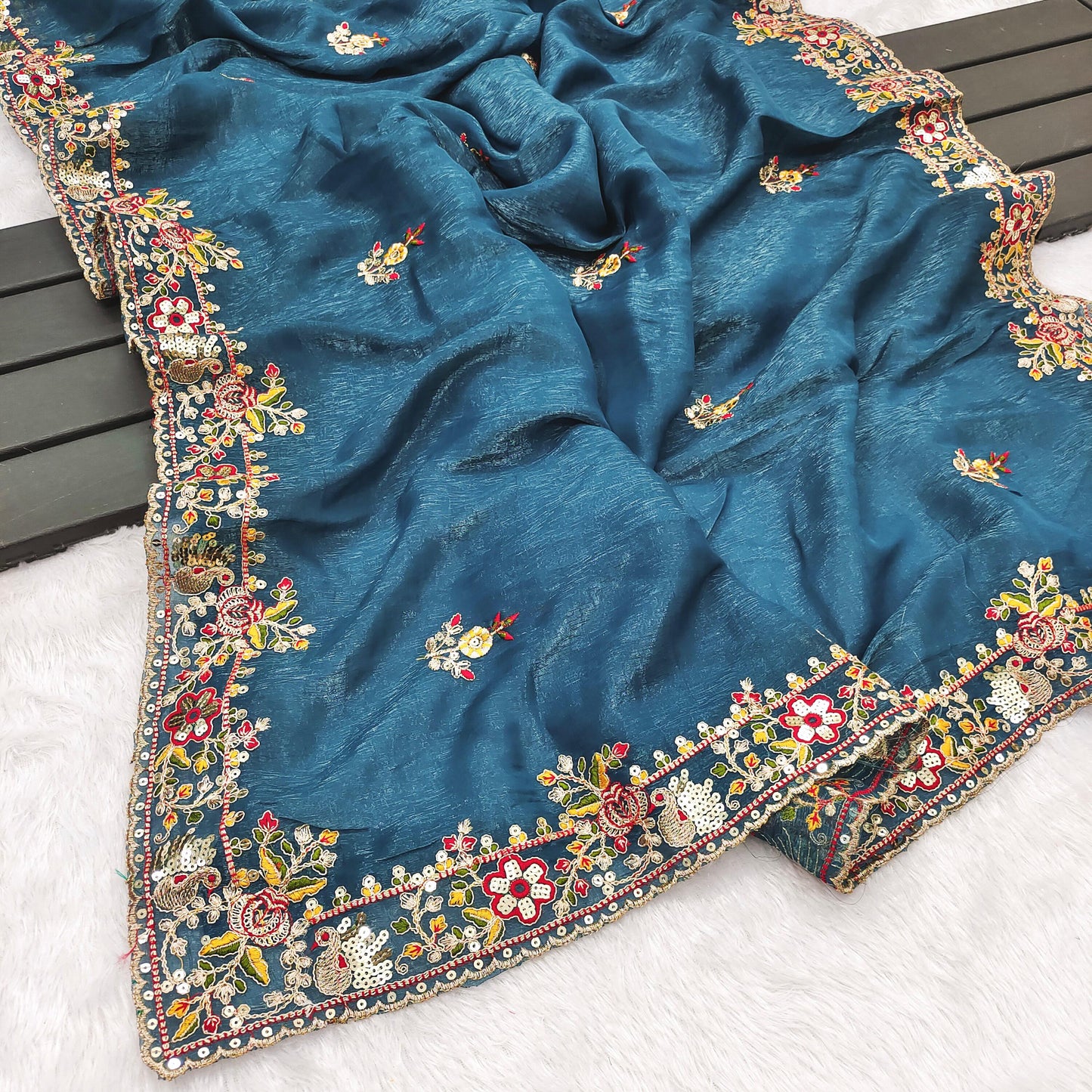 Premium Soft Crunchy Silk Saree With Embroidery Threads , Coding & Sequins Work