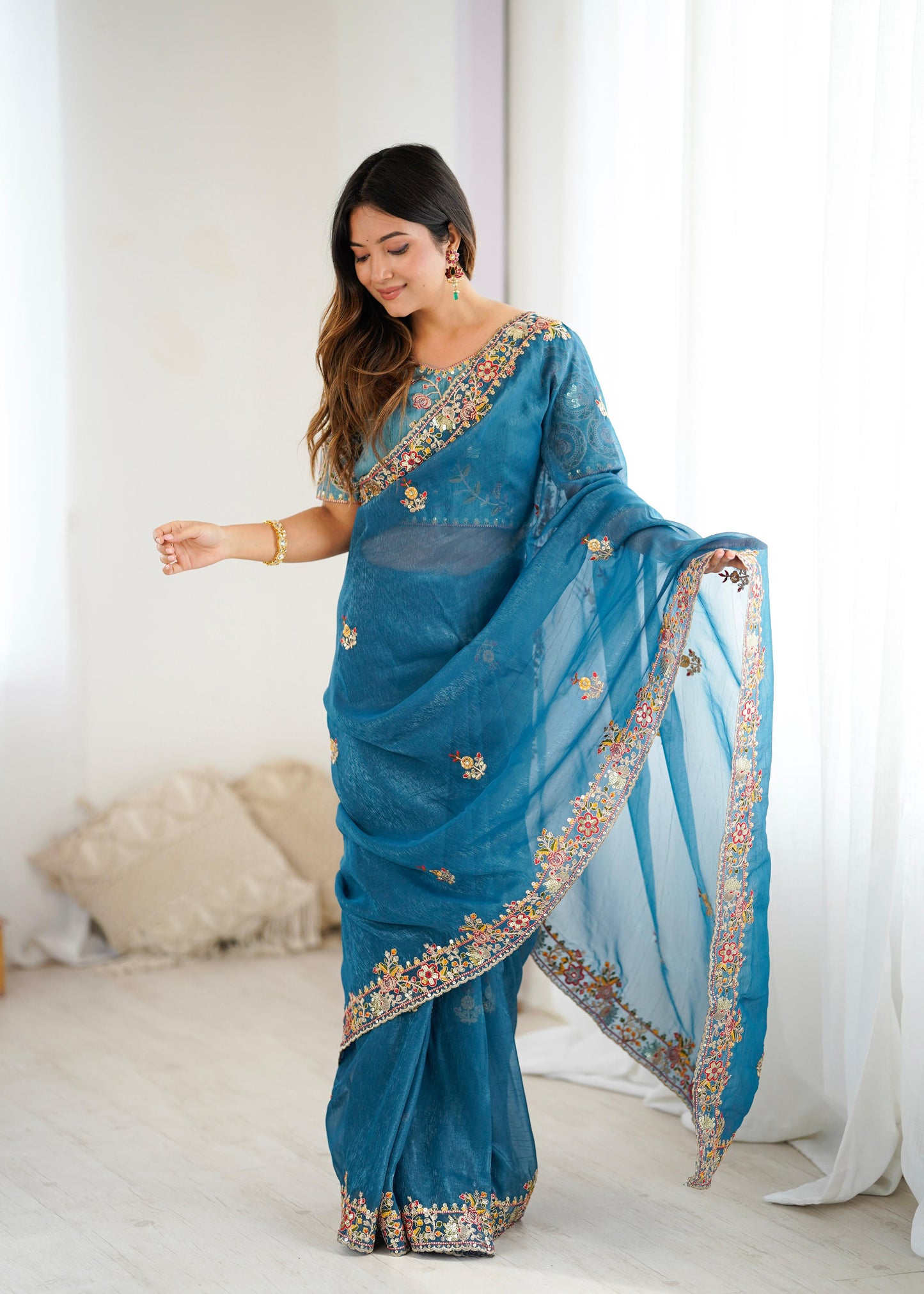 Premium Soft Crunchy Silk Saree With Embroidery Threads , Coding & Sequins Work