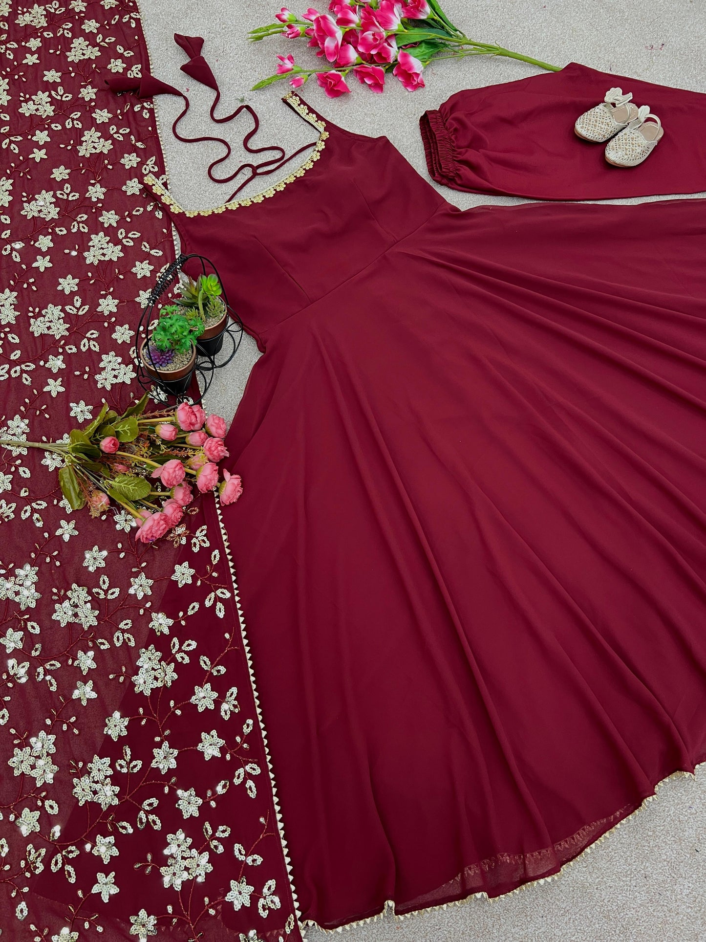 Designer Party & Wedding Wear Heavy Faux Georgette With Embroidery Sequence Work With Gown Pant & Dupatta Set