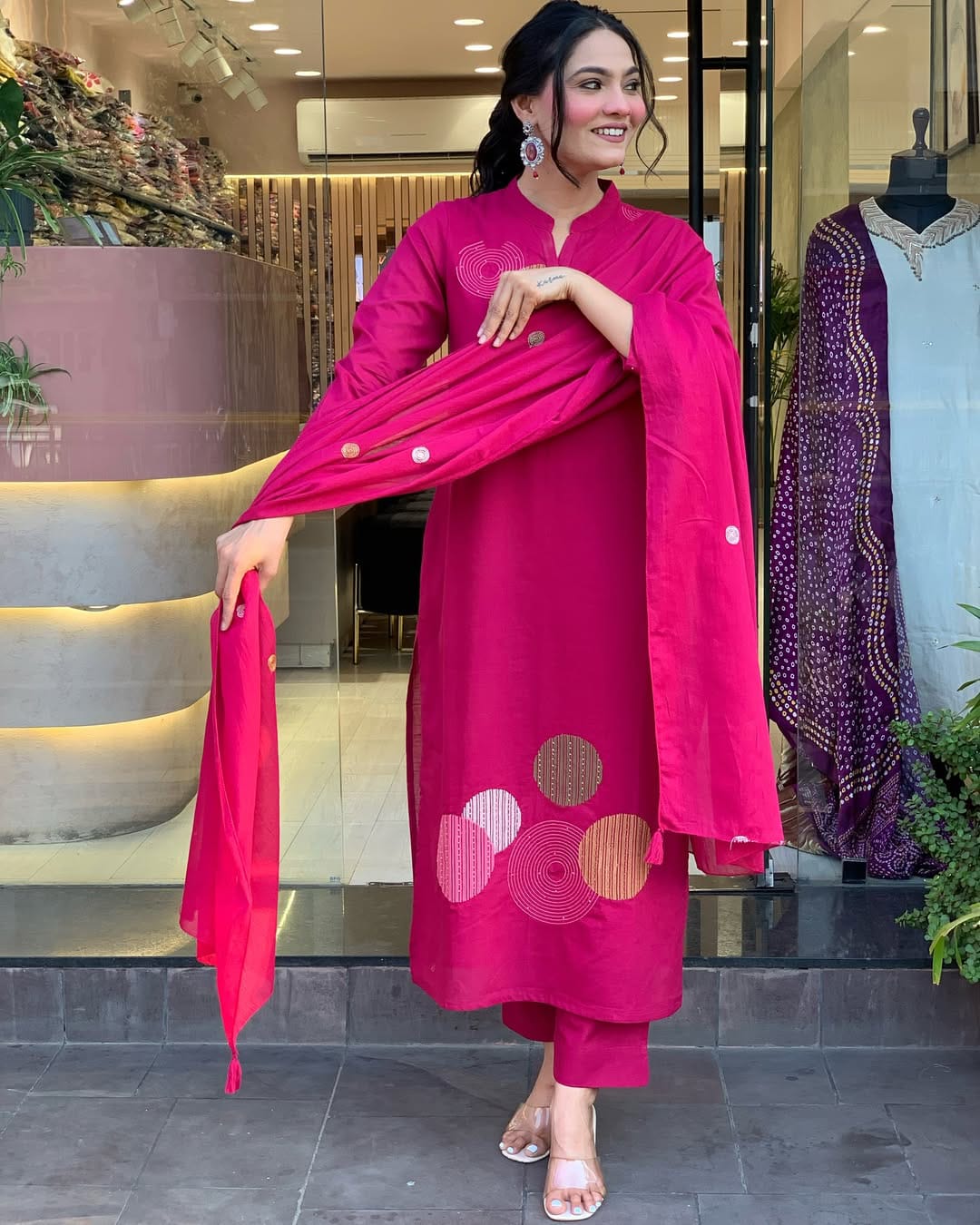 Elegant Mal Cotton Vibrant Front Pleated Kurti Pant With Dupatta Set