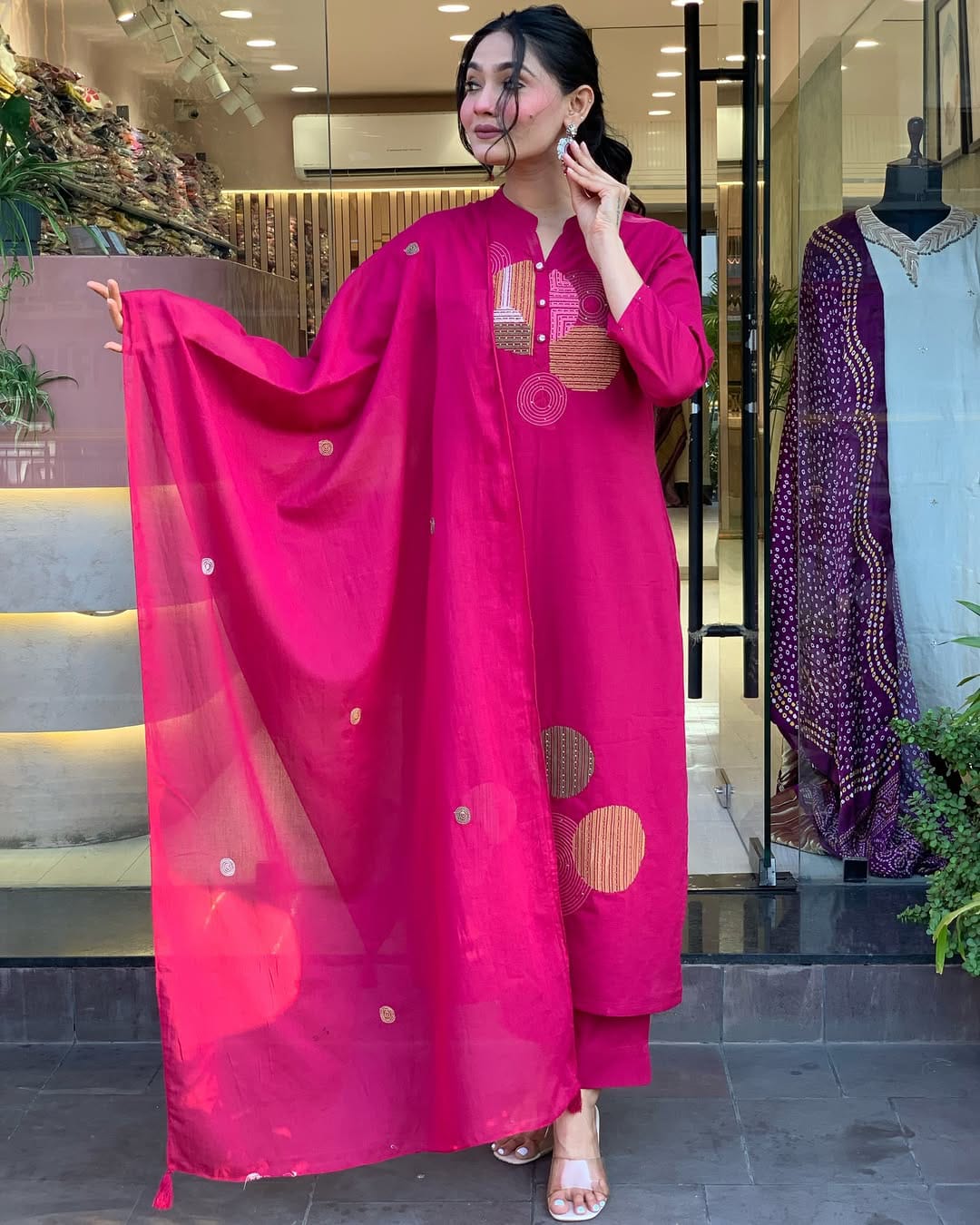 Elegant Mal Cotton Vibrant Front Pleated Kurti Pant With Dupatta Set