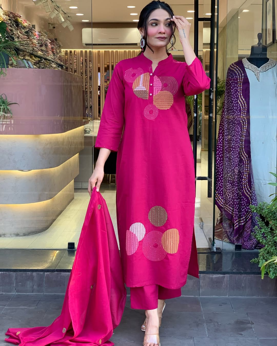 Elegant Mal Cotton Vibrant Front Pleated Kurti Pant With Dupatta Set